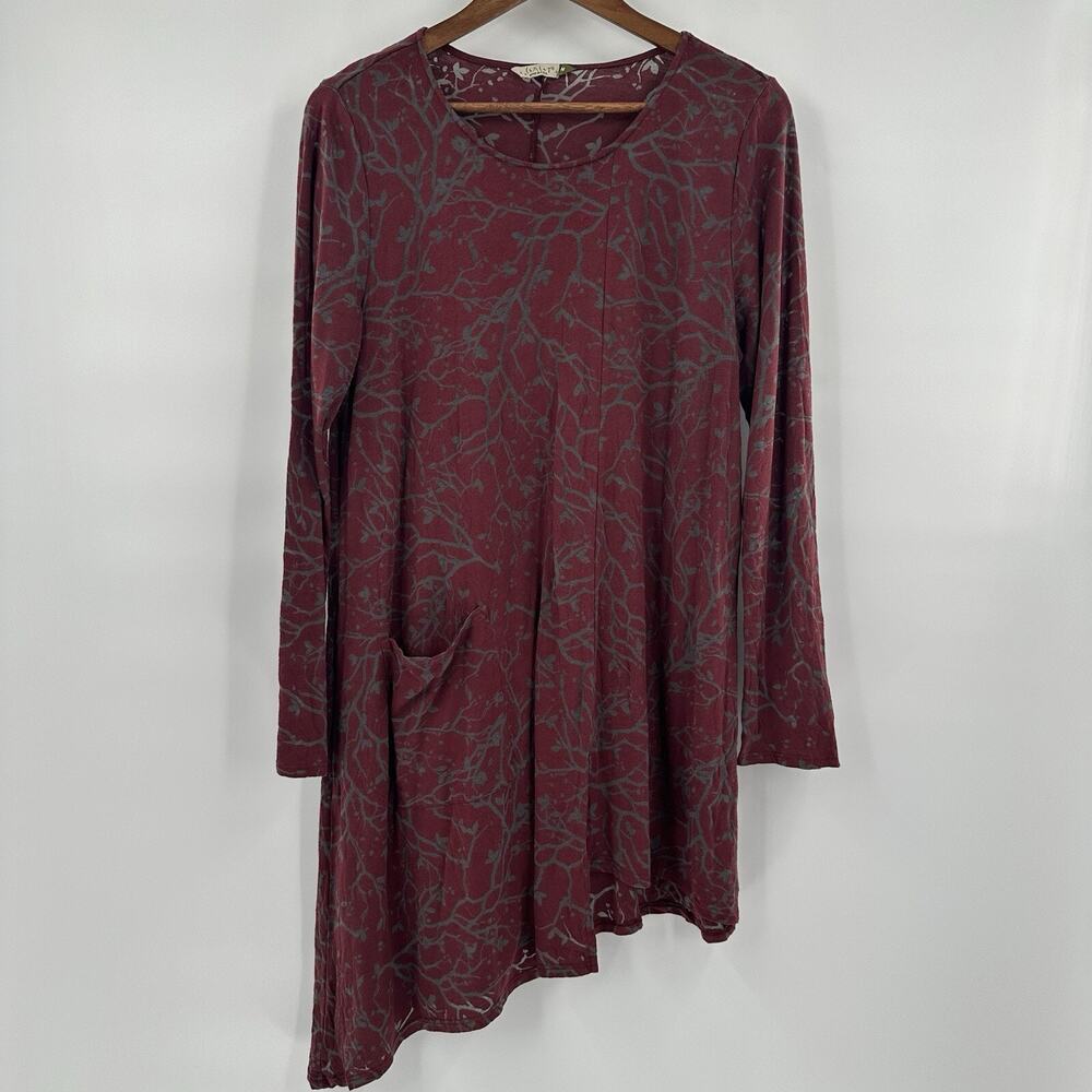 Chalet Dress Womens Medium Red Gray Textured Asymmetrical Art Burnout Semi Sheer